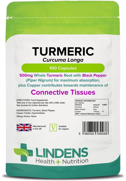 Lindens Turmeric + Black Pepper 500mg (100 Capsules)